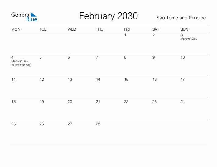 Printable February 2030 Calendar for Sao Tome and Principe