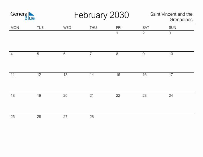 Printable February 2030 Calendar for Saint Vincent and the Grenadines