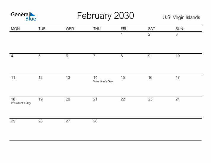 Printable February 2030 Calendar for U.S. Virgin Islands