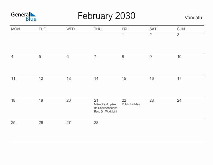 Printable February 2030 Calendar for Vanuatu