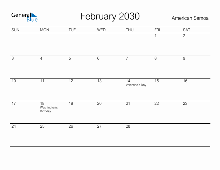 Printable February 2030 Calendar for American Samoa