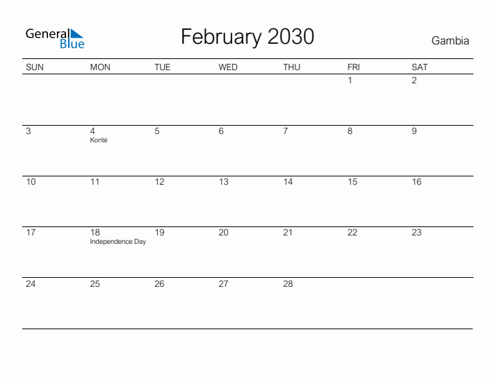 Printable February 2030 Calendar for Gambia