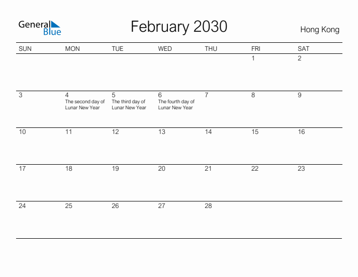 Printable February 2030 Calendar for Hong Kong