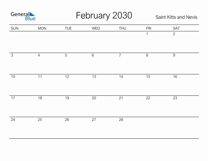 Printable February 2030 Calendar for Saint Kitts and Nevis