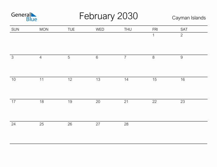 Printable February 2030 Calendar for Cayman Islands