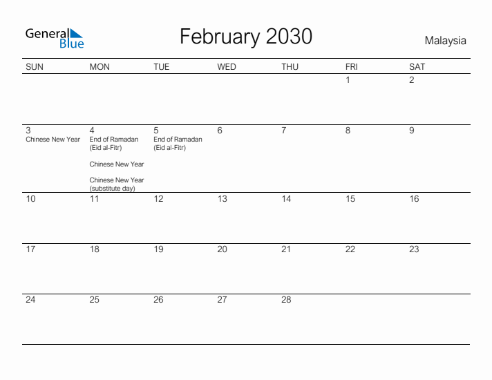 Printable February 2030 Calendar for Malaysia