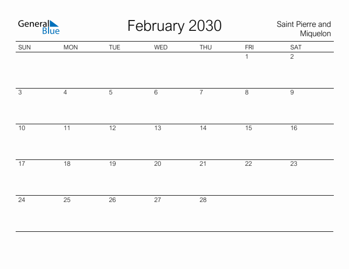 Printable February 2030 Calendar for Saint Pierre and Miquelon