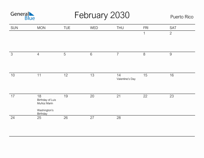 Printable February 2030 Calendar for Puerto Rico