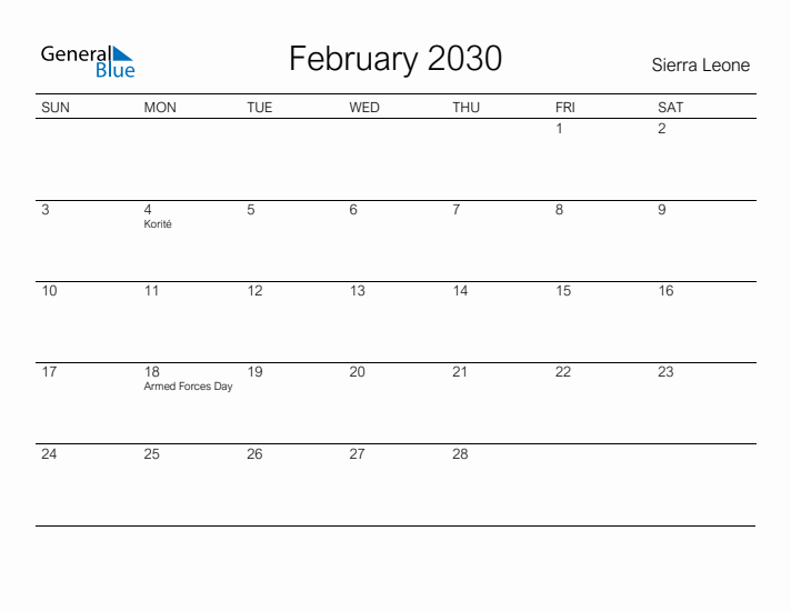 Printable February 2030 Calendar for Sierra Leone