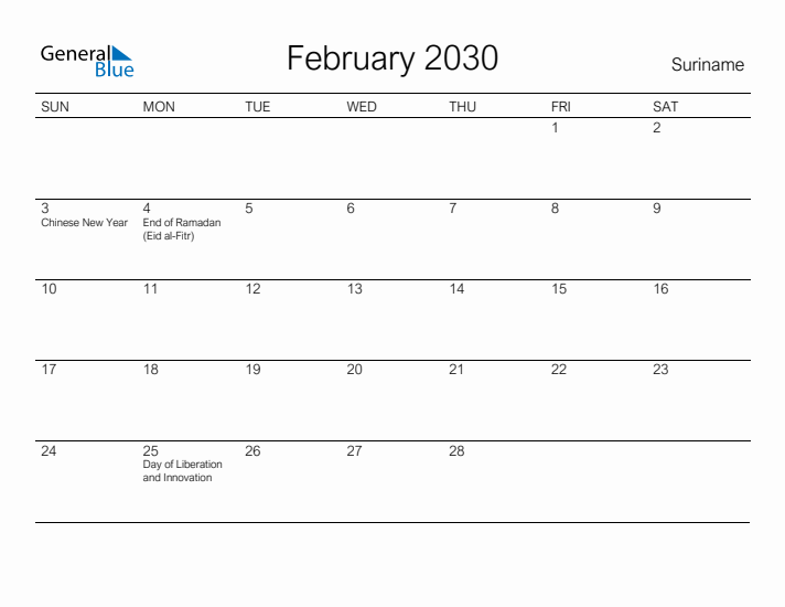 Printable February 2030 Calendar for Suriname