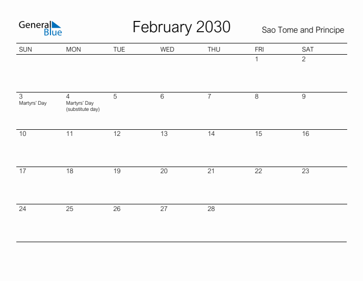 Printable February 2030 Calendar for Sao Tome and Principe