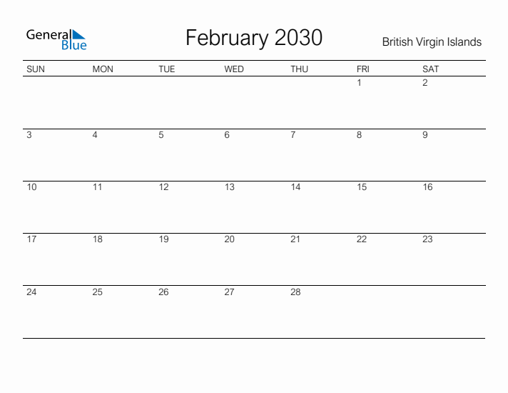 Printable February 2030 Calendar for British Virgin Islands