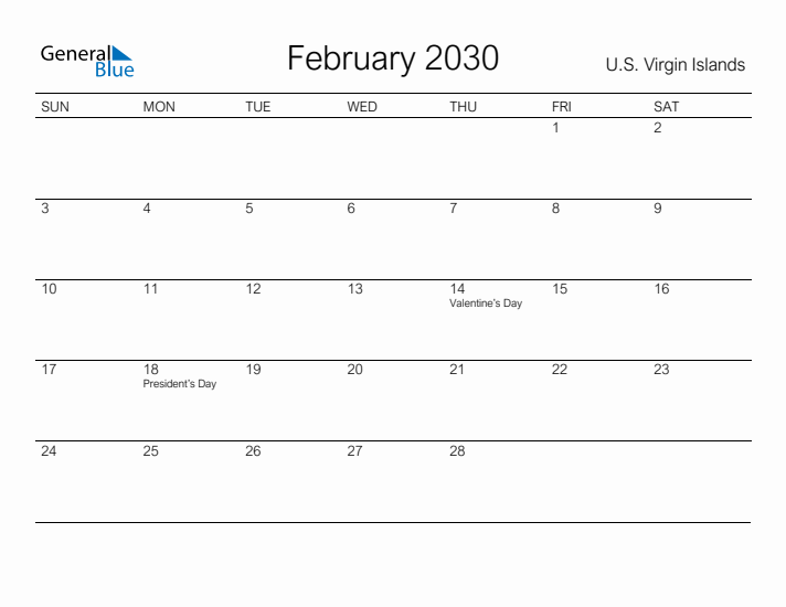 Printable February 2030 Calendar for U.S. Virgin Islands