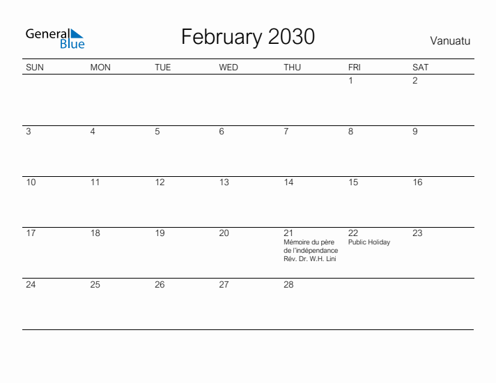 Printable February 2030 Calendar for Vanuatu