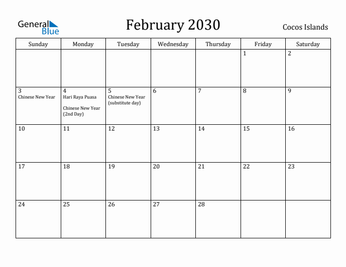 February 2030 Calendar Cocos Islands