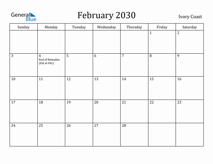 February 2030 Calendar Ivory Coast