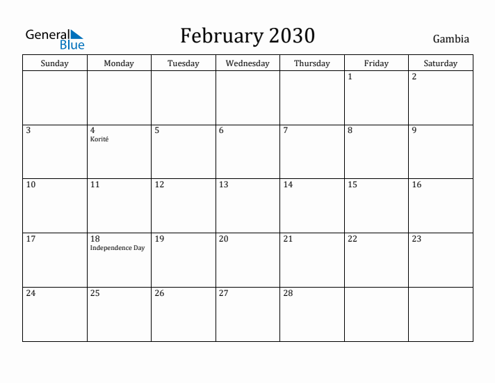 February 2030 Calendar Gambia