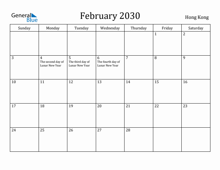 February 2030 Calendar Hong Kong