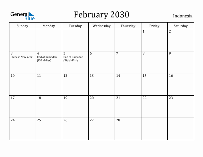 February 2030 Calendar Indonesia