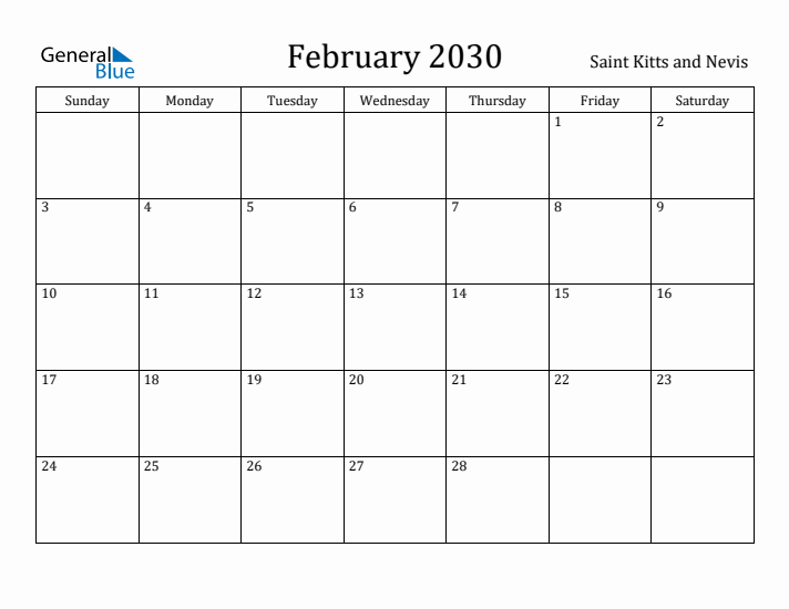 February 2030 Calendar Saint Kitts and Nevis