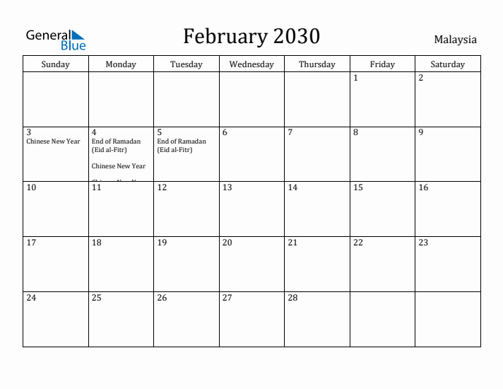 February 2030 Calendar Malaysia