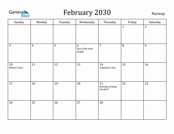 February 2030 Calendar Norway