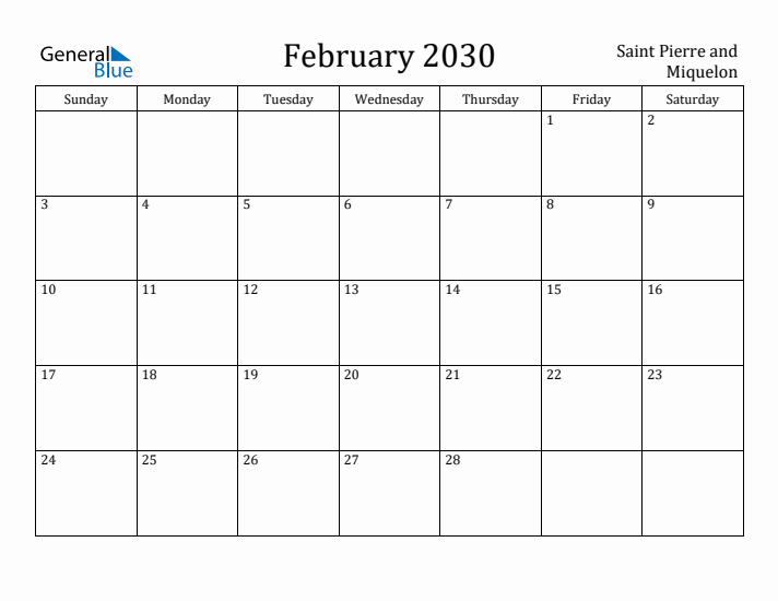 February 2030 Calendar Saint Pierre and Miquelon