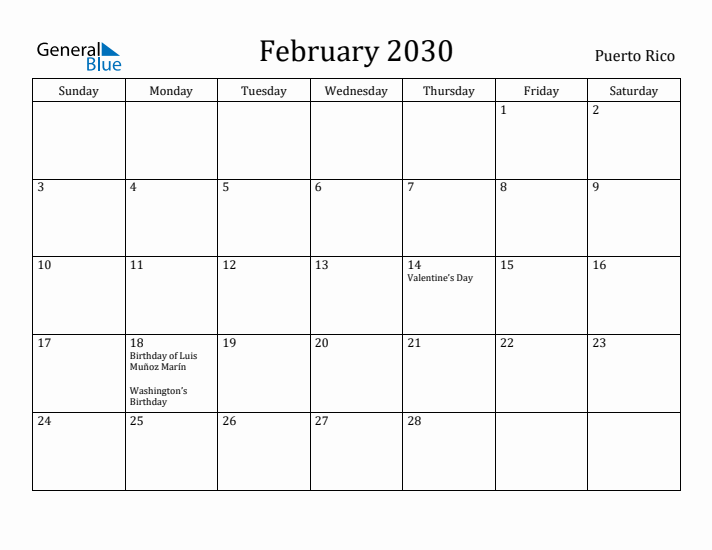 February 2030 Calendar Puerto Rico