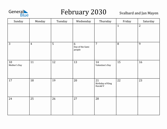 February 2030 Calendar Svalbard and Jan Mayen