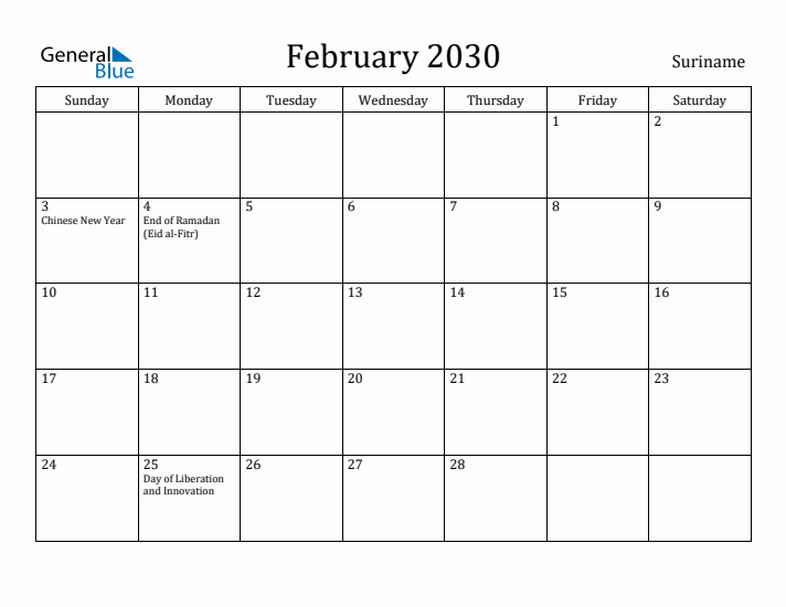February 2030 Calendar Suriname