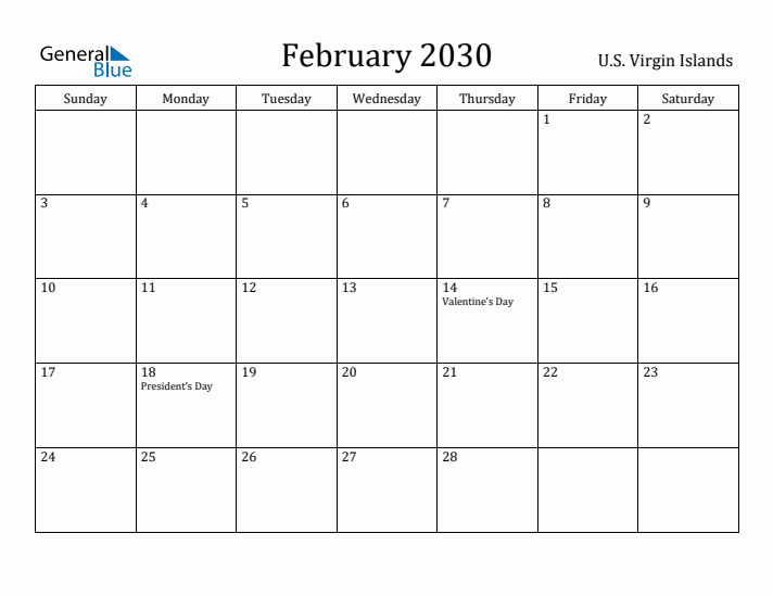 February 2030 Calendar U.S. Virgin Islands