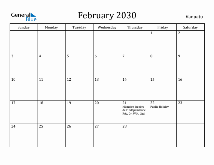 February 2030 Calendar Vanuatu