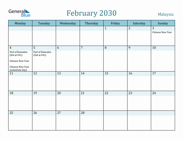 February 2030 Calendar with Holidays