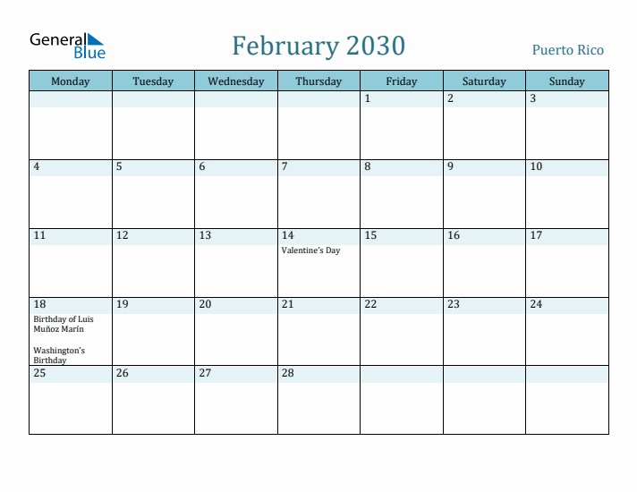 February 2030 Calendar with Holidays