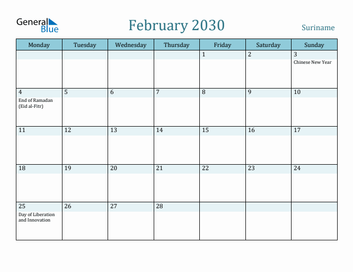 February 2030 Calendar with Holidays