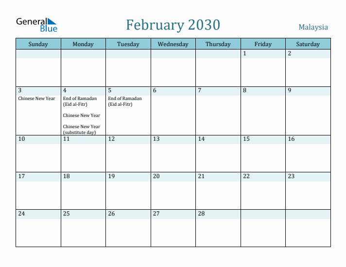 February 2030 Calendar with Holidays