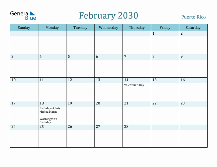 February 2030 Calendar with Holidays
