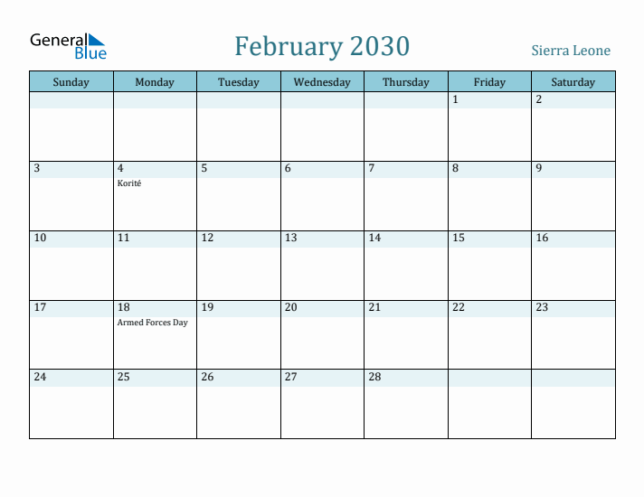 February 2030 Calendar with Holidays