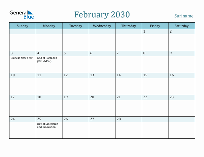 February 2030 Calendar with Holidays