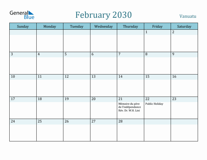 February 2030 Calendar with Holidays