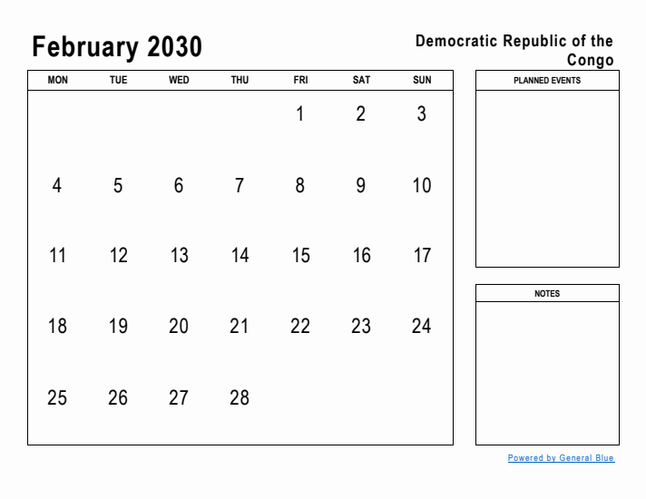 February 2030 Printable Monthly Calendar with Democratic Republic of the Congo Holidays