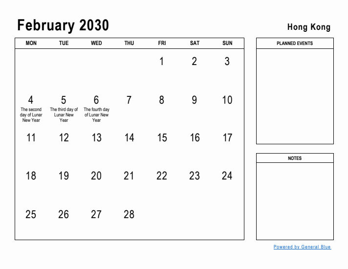 February 2030 Printable Monthly Calendar with Hong Kong Holidays