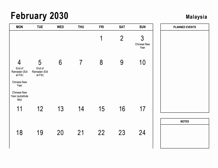 February 2030 Printable Monthly Calendar with Malaysia Holidays