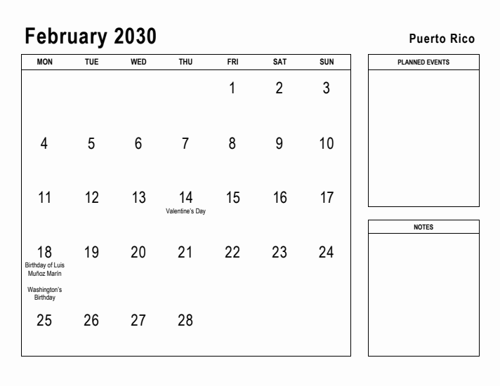February 2030 Printable Monthly Calendar with Puerto Rico Holidays