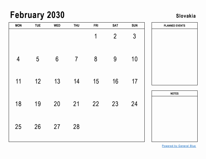 February 2030 Printable Monthly Calendar with Slovakia Holidays