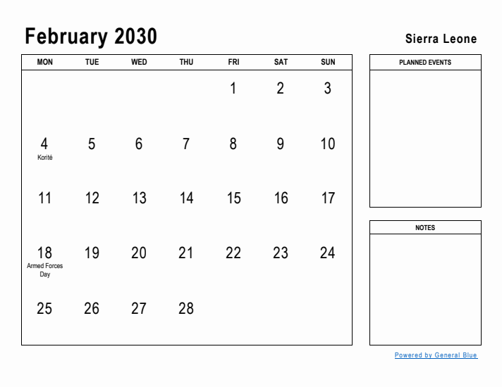 February 2030 Printable Monthly Calendar with Sierra Leone Holidays