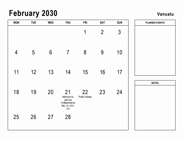 February 2030 Printable Monthly Calendar with Vanuatu Holidays