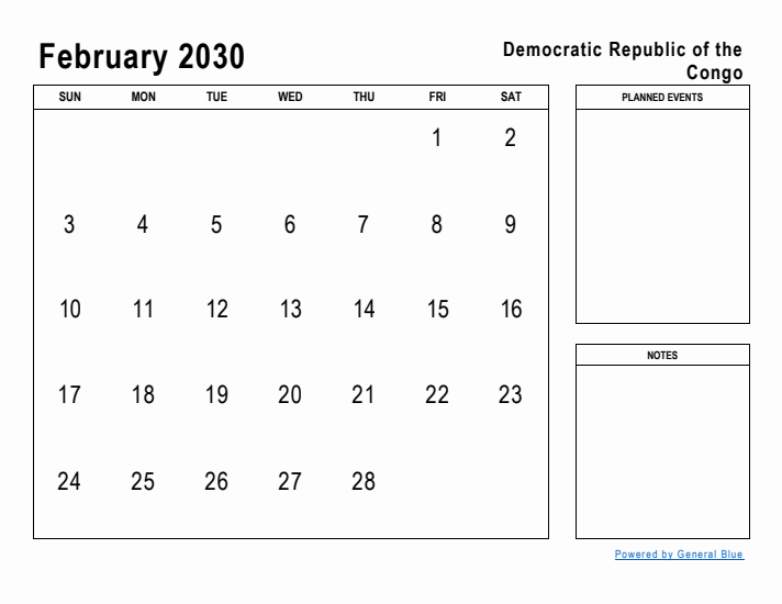 February 2030 Printable Monthly Calendar with Democratic Republic of the Congo Holidays