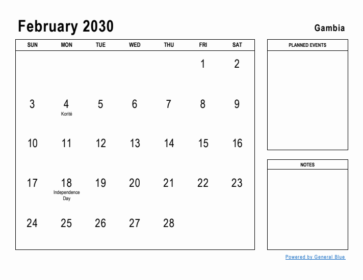 February 2030 Printable Monthly Calendar with Gambia Holidays
