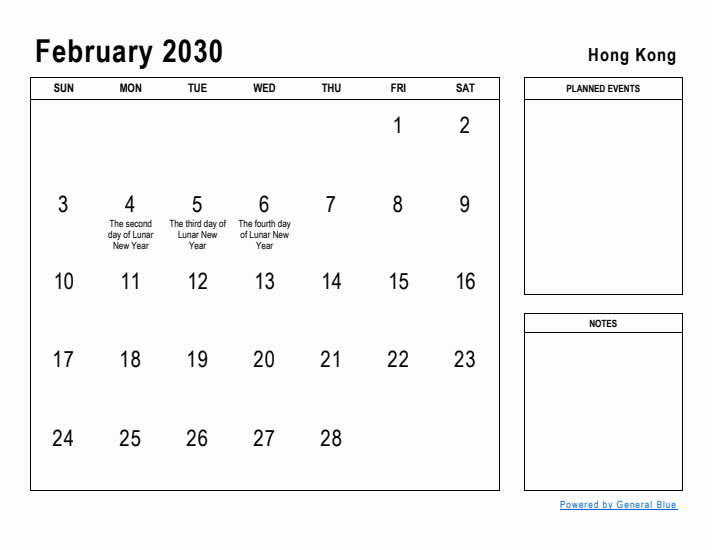 February 2030 Printable Monthly Calendar with Hong Kong Holidays